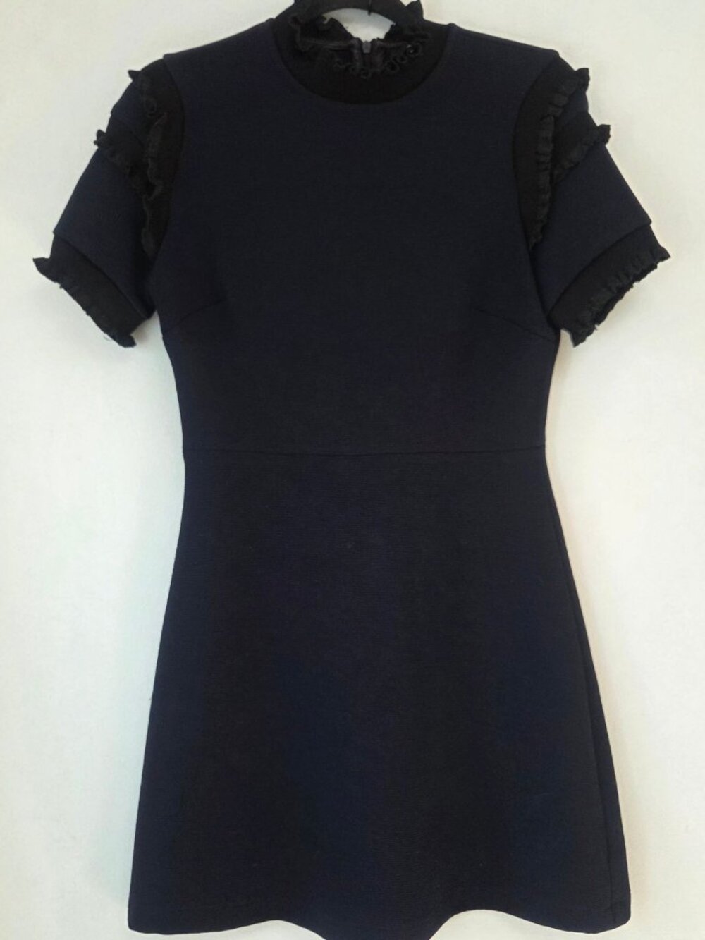 Caara Massanet Mockneck Navy Blue Ribbed Fit and Flare Ruffle Sleeves Size S